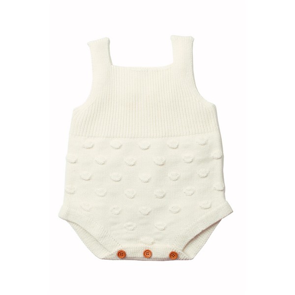 White Ribbed Spotted Cotton Knit Sleeveless Baby Romper