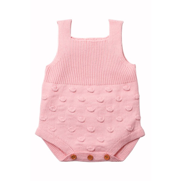 Pink Ribbed Spotted Cotton Knit Sleeveless Baby Romper