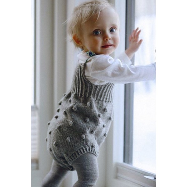 Grey Ribbed Spotted Cotton Knit Sleeveless Baby Romper