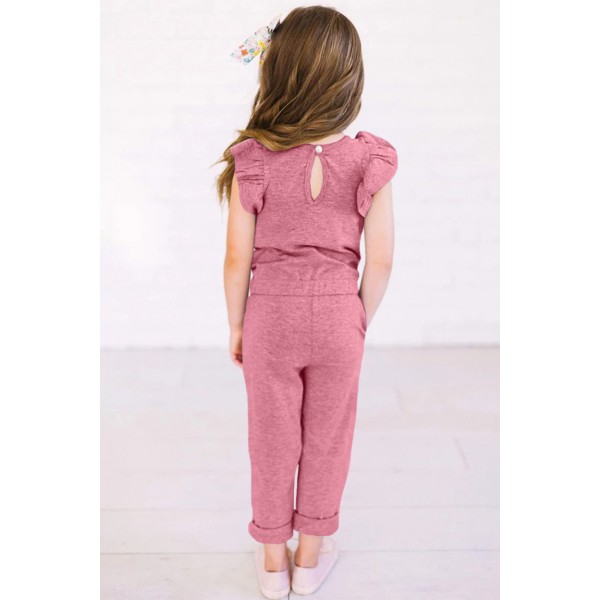 Pink Little Girls Ruffled Shoulder Keyhole Back Jumpsuit with Pockets