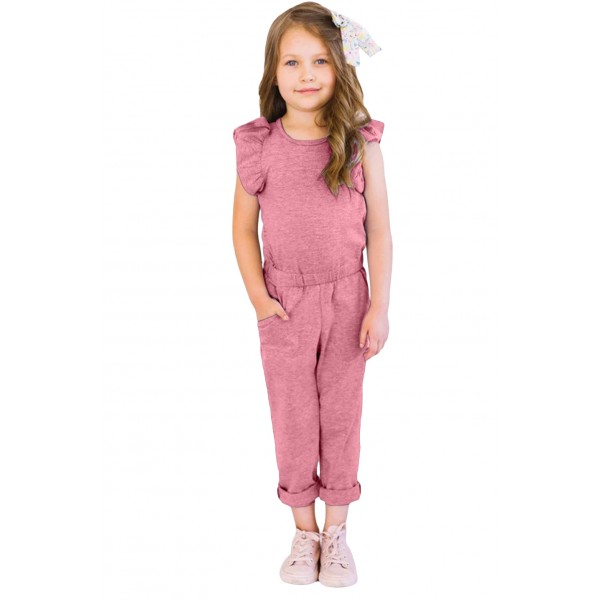 Pink Little Girls Ruffled Shoulder Keyhole Back Jumpsuit with Pockets