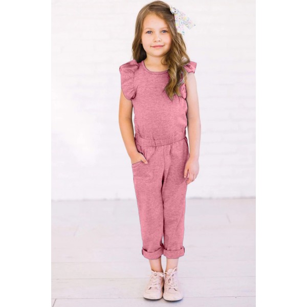 Pink Little Girls Ruffled Shoulder Keyhole Back Jumpsuit with Pockets