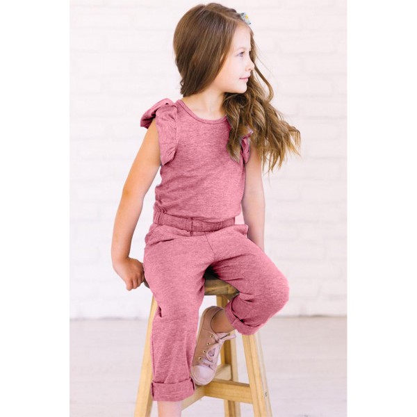 Pink Little Girls Ruffled Shoulder Keyhole Back Jumpsuit with Pockets