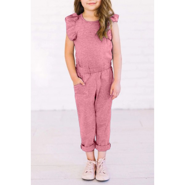 Pink Little Girls Ruffled Shoulder Keyhole Back Jumpsuit with Pockets
