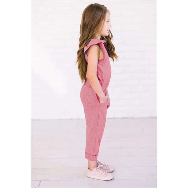 Pink Little Girls Ruffled Shoulder Keyhole Back Jumpsuit with Pockets
