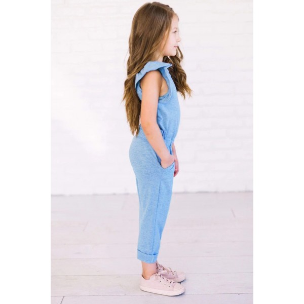 Sky Blue Little Girls Ruffled Shoulder Keyhole Back Jumpsuit with Pockets
