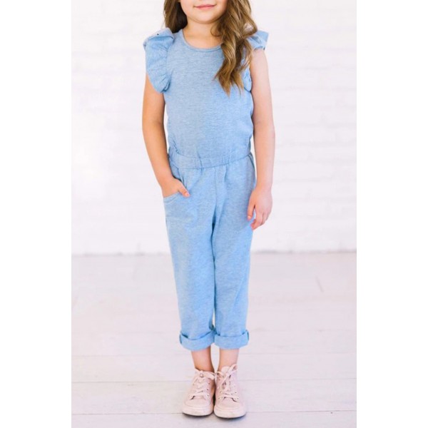Sky Blue Little Girls Ruffled Shoulder Keyhole Back Jumpsuit with Pockets