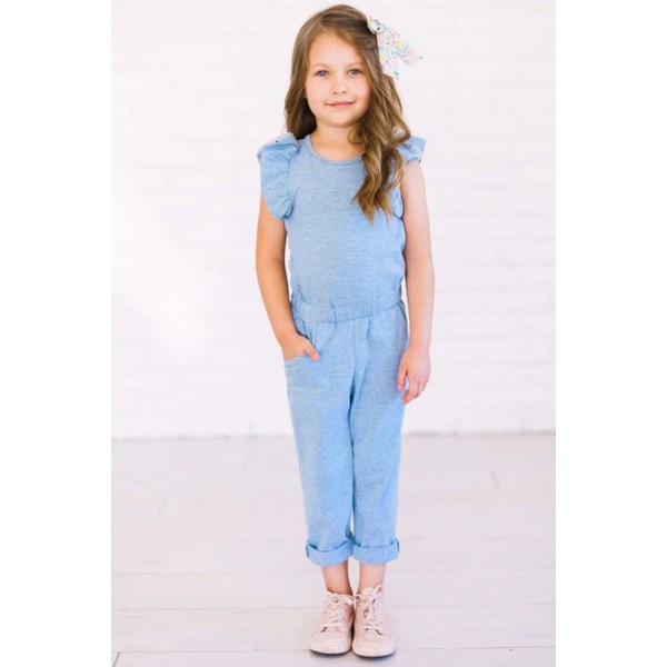 Sky Blue Little Girls Ruffled Shoulder Keyhole Back Jumpsuit with Pockets