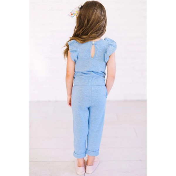 Sky Blue Little Girls Ruffled Shoulder Keyhole Back Jumpsuit with Pockets