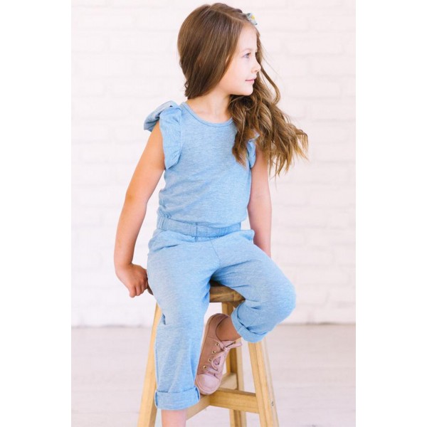 Sky Blue Little Girls Ruffled Shoulder Keyhole Back Jumpsuit with Pockets