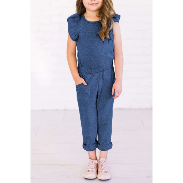 Blue Little Girls Ruffled Shoulder Keyhole Back Jumpsuit with Pockets