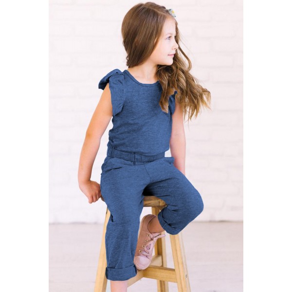 Blue Little Girls Ruffled Shoulder Keyhole Back Jumpsuit with Pockets