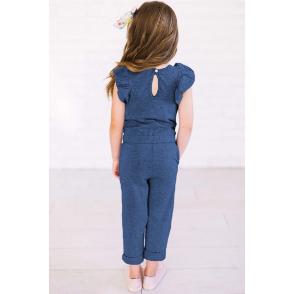 Blue Little Girls Ruffled Shoulder Keyhole Back Jumpsuit with Pockets