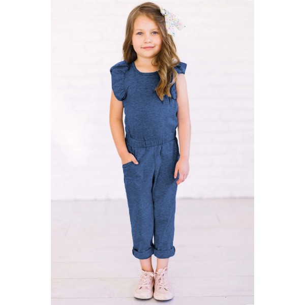 Blue Little Girls Ruffled Shoulder Keyhole Back Jumpsuit with Pockets