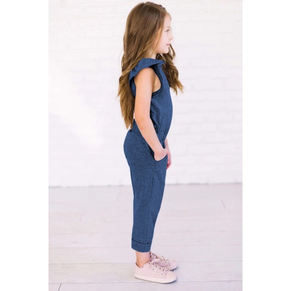 Blue Little Girls Ruffled Shoulder Keyhole Back Jumpsuit with Pockets