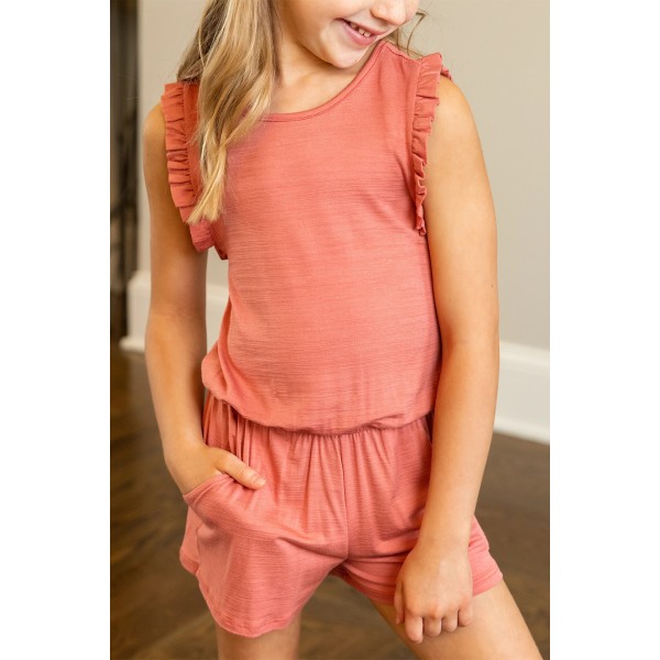 Salmon Ruffled Sleeveless Kids Romper