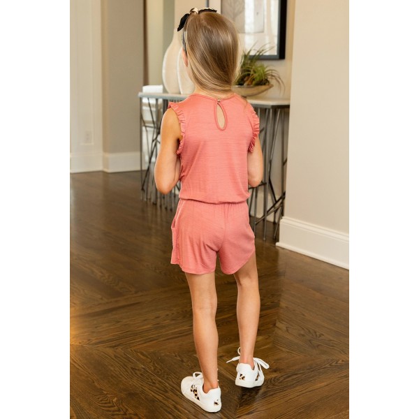 Salmon Ruffled Sleeveless Kids Romper