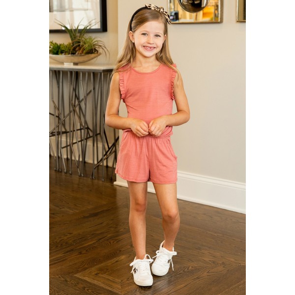 Salmon Ruffled Sleeveless Kids Romper