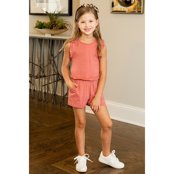 Salmon Ruffled Sleeveless Kids Romper