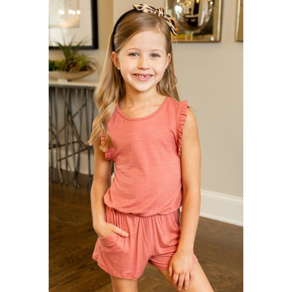 Salmon Ruffled Sleeveless Kids Romper