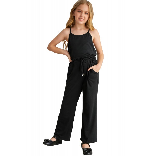 Black Spaghetti Strap Wide Leg Girls Jumpsuit