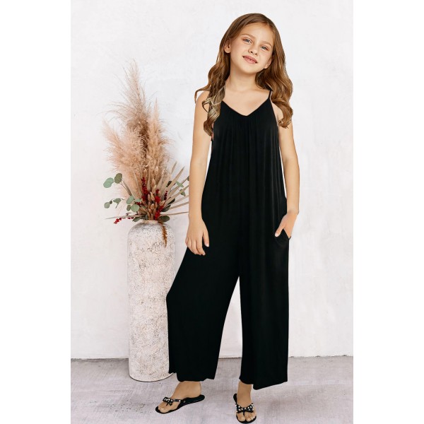 Black Spaghetti Strap Wide Leg Girl Jumpsuit with Pocket
