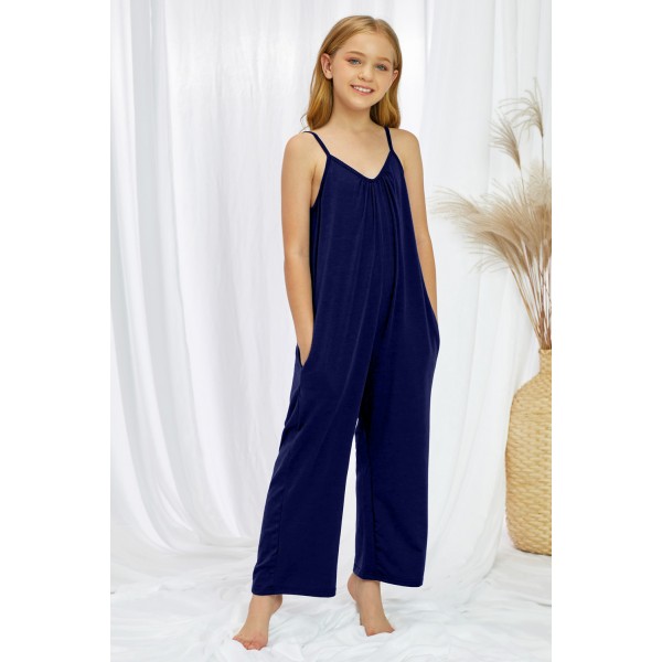 Blue Spaghetti Strap Wide Leg Girl Jumpsuit with Pocket