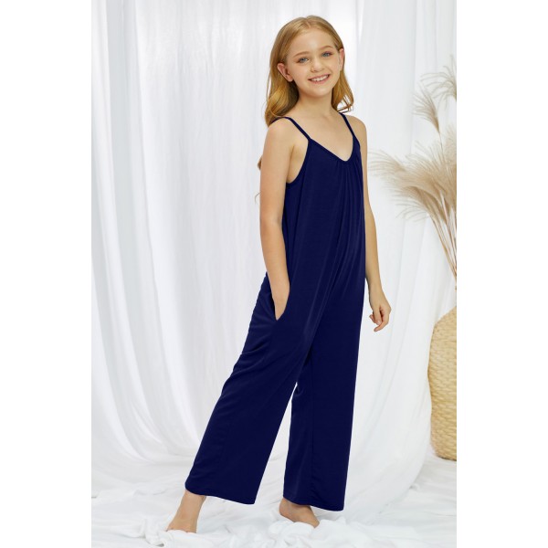 Blue Spaghetti Strap Wide Leg Girl Jumpsuit with Pocket