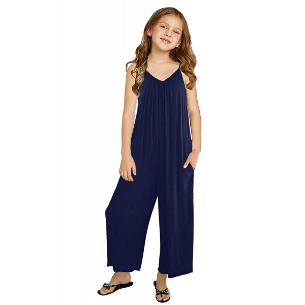 Blue Spaghetti Strap Wide Leg Girl Jumpsuit with Pocket