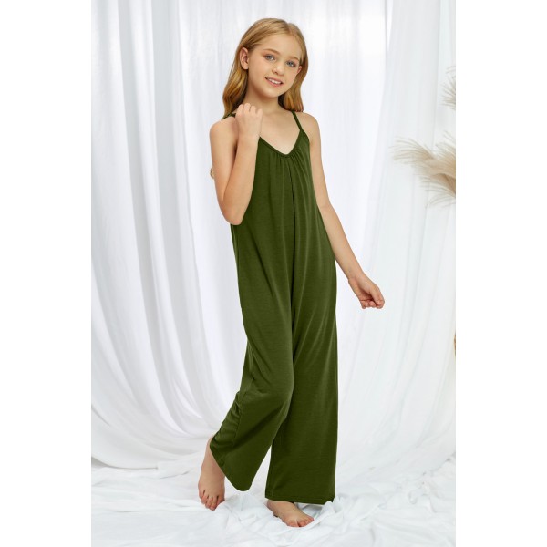 Green Spaghetti Strap Wide Leg Girl Jumpsuit with Pocket