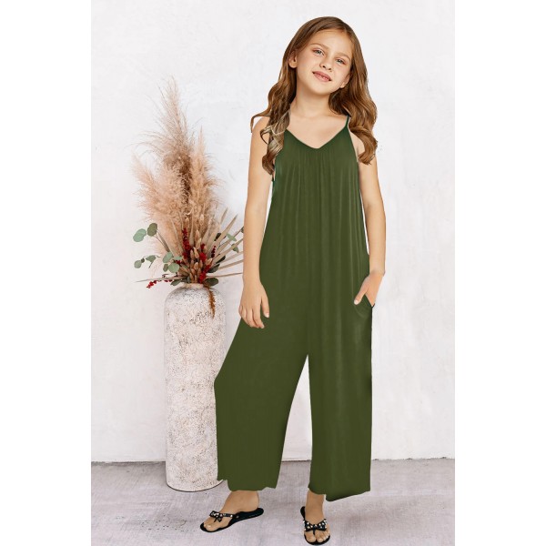 Green Spaghetti Strap Wide Leg Girl Jumpsuit with Pocket