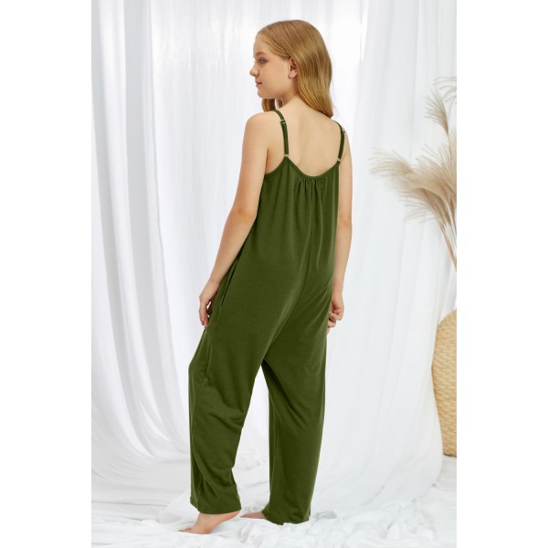Green Spaghetti Strap Wide Leg Girl Jumpsuit with Pocket