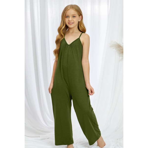 Green Spaghetti Strap Wide Leg Girl Jumpsuit with Pocket