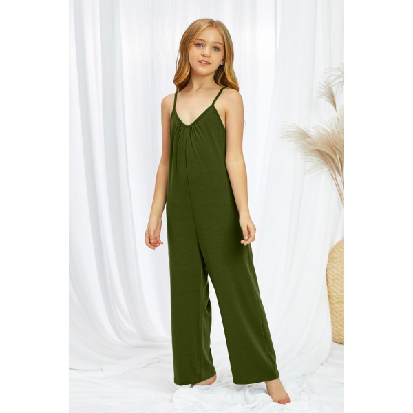 Green Spaghetti Strap Wide Leg Girl Jumpsuit with Pocket