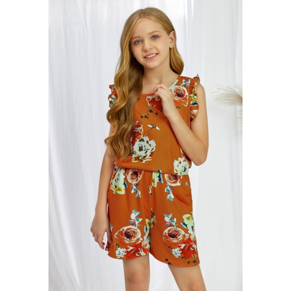 Orange Floral Print Ruffled Sleeveless Girls Romper