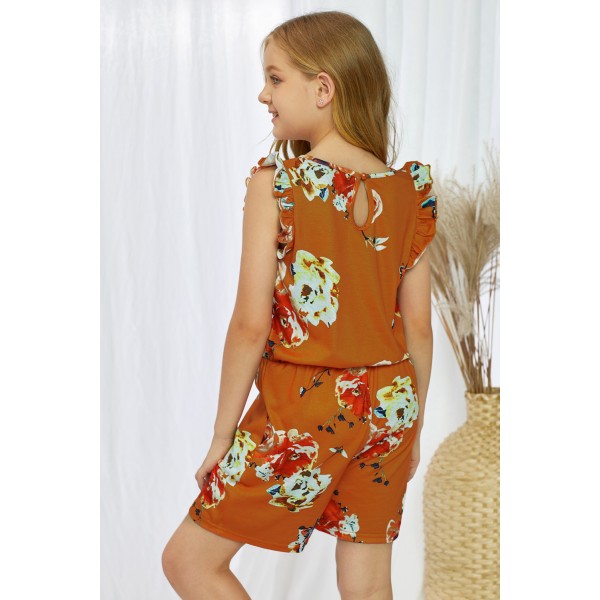 Orange Floral Print Ruffled Sleeveless Girls Romper