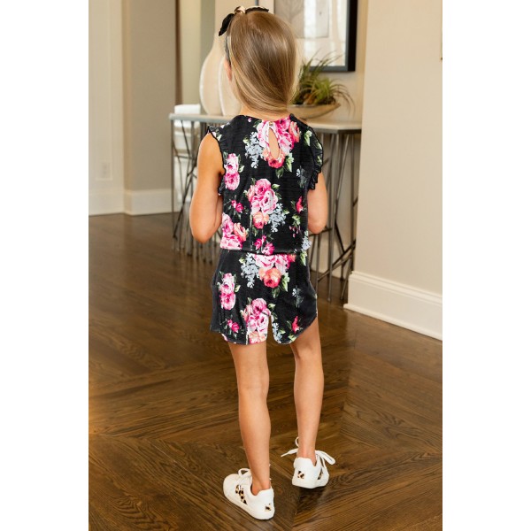 Black Floral Print Ruffled Sleeveless Girls Romper