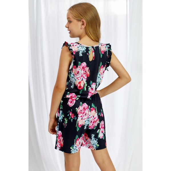 Black Floral Print Ruffled Sleeveless Girls Romper