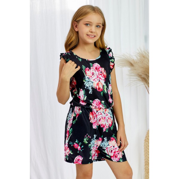 Black Floral Print Ruffled Sleeveless Girls Romper
