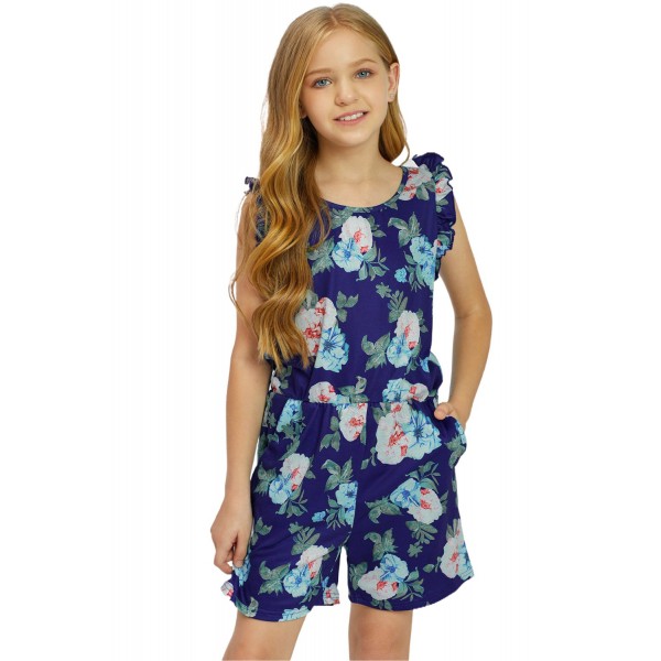 Blue Floral Print Ruffled Sleeveless Girls Romper