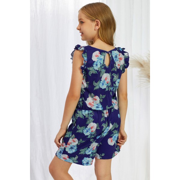 Blue Floral Print Ruffled Sleeveless Girls Romper