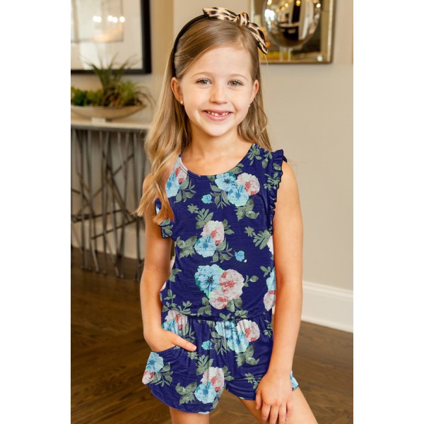 Blue Floral Print Ruffled Sleeveless Girls Romper