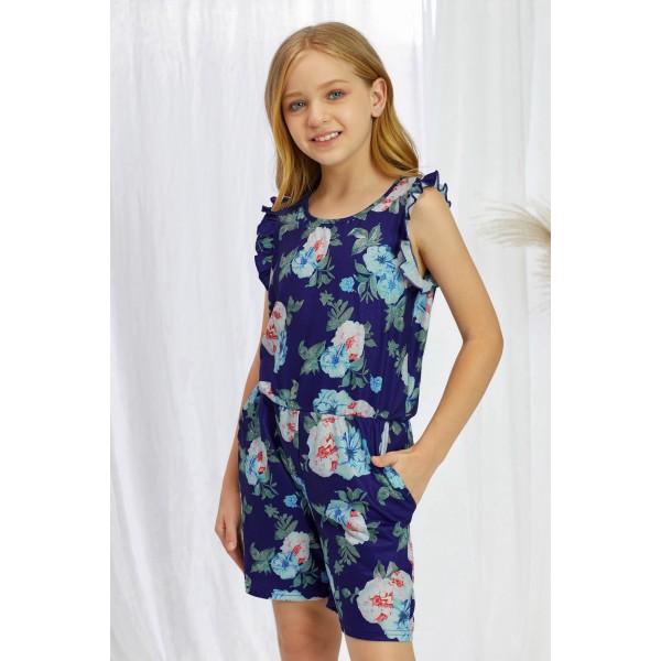 Blue Floral Print Ruffled Sleeveless Girls Romper