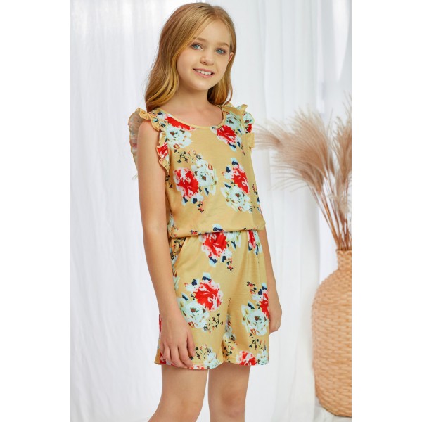 Yellow Floral Print Ruffled Sleeveless Girls Romper