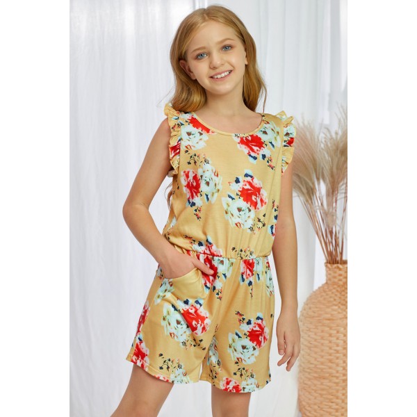 Yellow Floral Print Ruffled Sleeveless Girls Romper