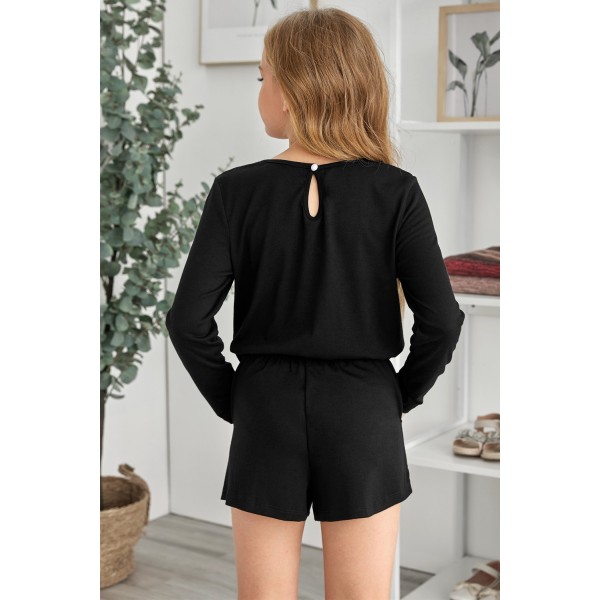 Black Solid Color Long Sleeve Elastic Waist Pocket Girls Romper