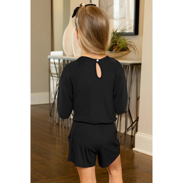 Black Solid Color Long Sleeve Elastic Waist Pocket Girls Romper