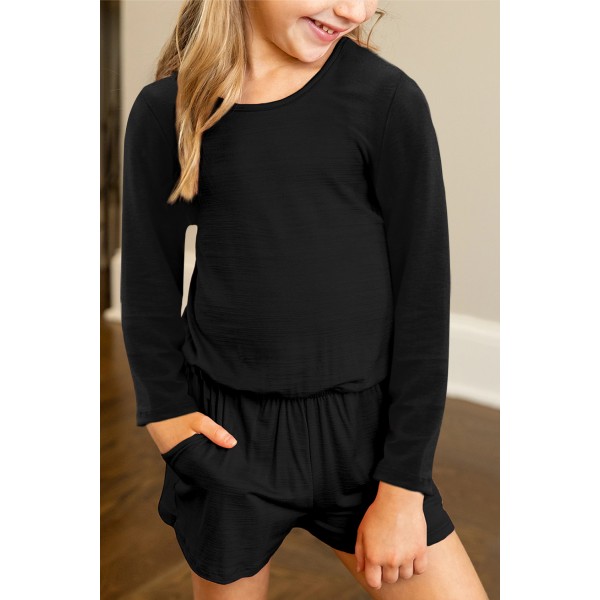 Black Solid Color Long Sleeve Elastic Waist Pocket Girls Romper