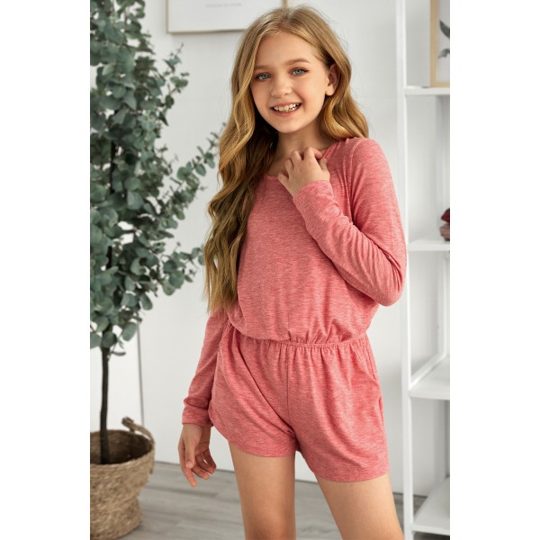 Solid Color Long Sleeve Elastic Waist Pocket Girl Romper