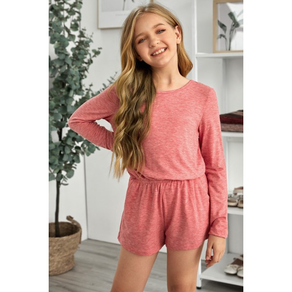 Solid Color Long Sleeve Elastic Waist Pocket Girl Romper